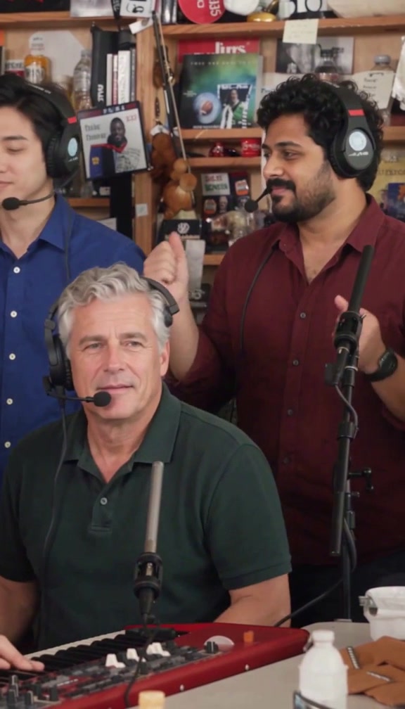 Recorded Tiny Desk AI band result with a grey-haired keyboard player in a green polo and backing performers in blue and burgundy